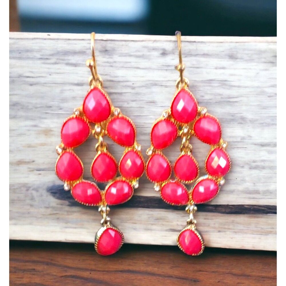B Iconic Gold Dangle Hook Earrings with Faceted Pink Stones